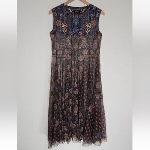 Johnny Was Biya Mier Printed Mesh Sleeveless Dress Multi Embroidered Size M